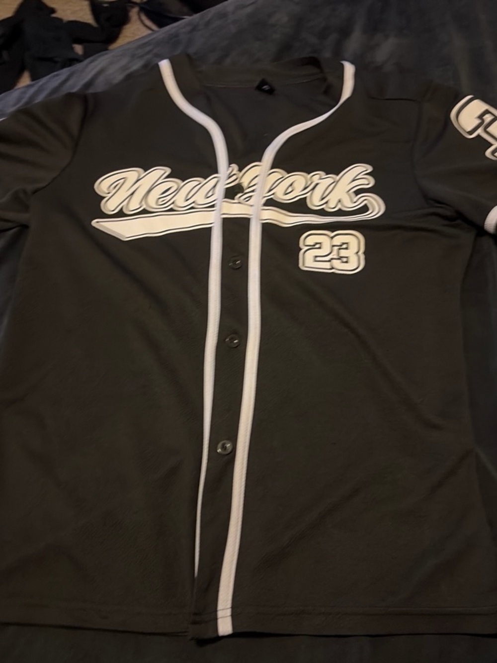 Black 'New York' Button-Up Baseball Jersey with White Trim